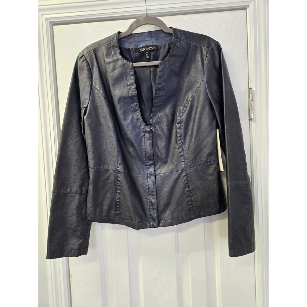 Mac and Me Navy Blue Faux Leather Collarless V-Neck Jacket Moto NWT M